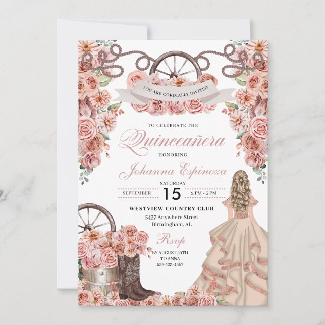 Invitation Champagne d'or rose Western Ranchero Quinceanera (Devant)