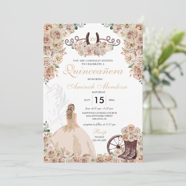 Invitation Champagne d'or Russe Western Horse Quinceañera (Debout devant)