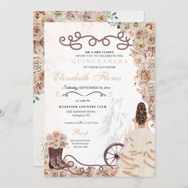 Invitation Champagne d'or Western Princess Charro Quinceañera (Devant / Derrière)