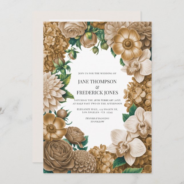 Invitation Champagne Dust, Golden Wheat & Mocha Linen Wedding (Devant / Derrière)