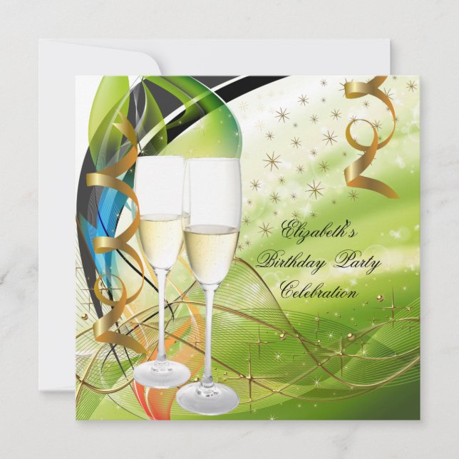 Invitation Champagne élégant vert bleu or fête d'anniversaire (Devant)