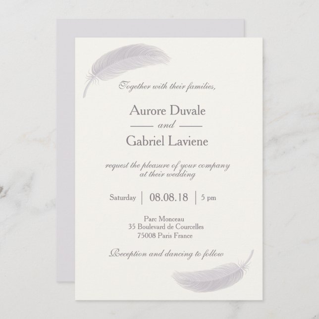 Invitation Champagne en plume Angel blanc gris élégant mariag (Devant / Derrière)