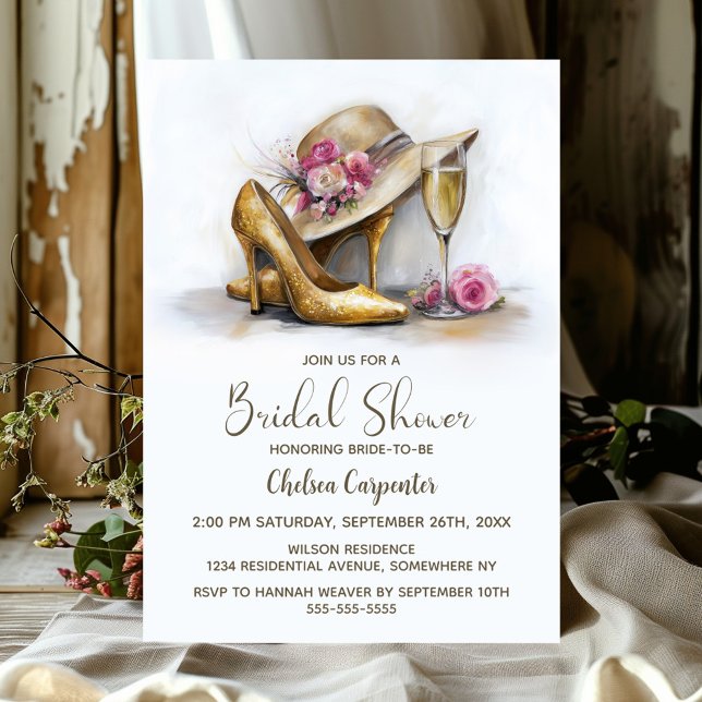 Invitation Champagne et chaussures à talons hauts en or éléga (Créateur téléchargé)
