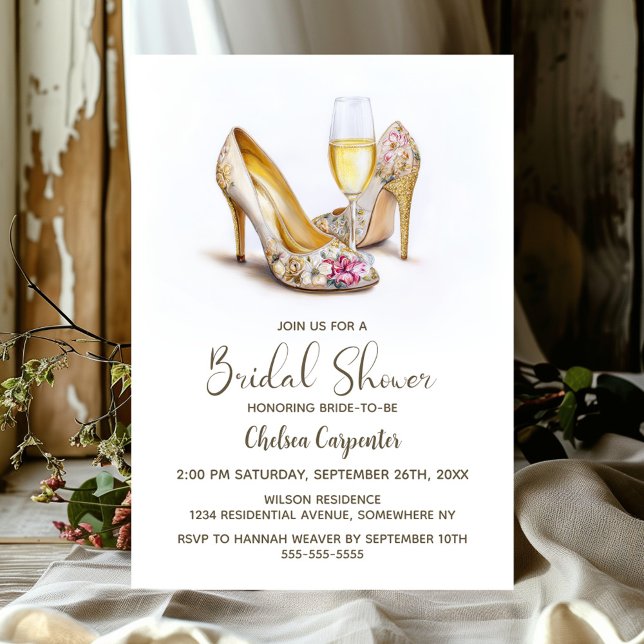 Invitation Champagne et chaussures à talons hauts floraux élé (Créateur téléchargé)