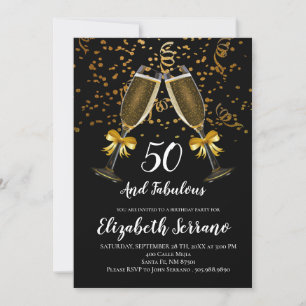 Invitation Champagne Et Confetti Black Gold 50e anniversaire