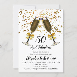 Invitation Champagne Et Gold Confetti Blanc 50e Anniversaire