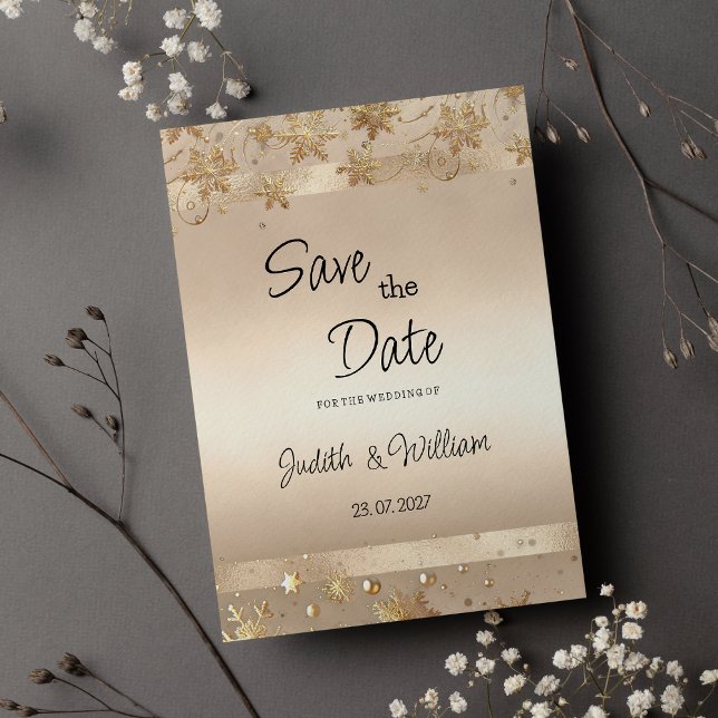 Invitation Champagne Flocons de Neige Luxe Save the Date (Champagne Golden Snowflakes Luxury Save the Date)