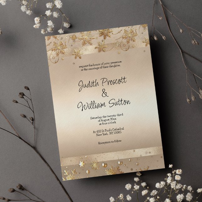 Invitation Champagne Flocons Dorés Luxe Mariage  (Champagne Golden Snowflakes Luxury Wedding)
