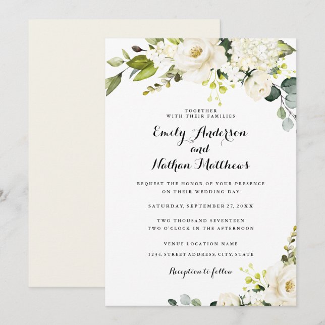 Invitation Champagne Floral Blanc Rustique Mariage (Devant / Derrière)