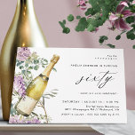 Invitation Champagne | Fun Elegant Women's 60th Birthday<br><div class="desc">Jolie invitation à 60ème anniversaire avec une aquarelle illustrant une bouteille de champagne entourée de fleurs violettes. Le grand texte "soixante" est écrit en script, pour un style amusant mais élégant. L'envers est une couleur vert pâle coordonnant. (Les couleurs Arrière - plans peuvent être modifiées, si vous le souhaitez, à...</div>
