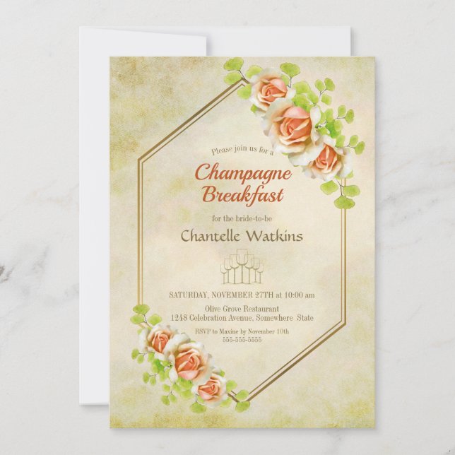Invitation Champagne géométrique Gold Floral Petit-déjeuner (Devant)