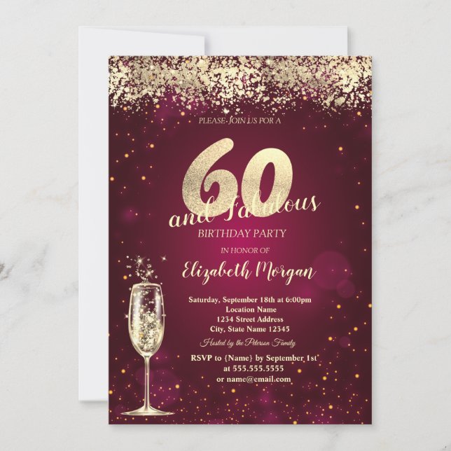 Invitation Champagne Glass Gold Confetti Red 60th Birthday (Devant)