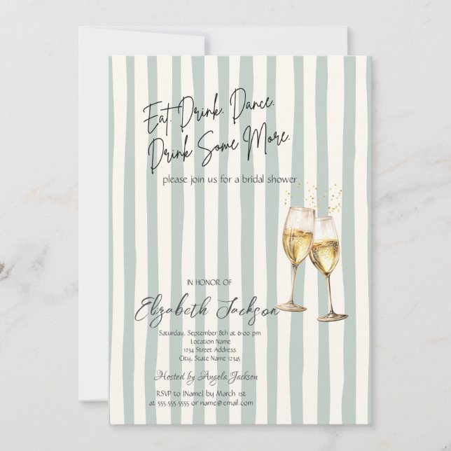 Invitation Champagne Glass Green Stripes Bridal Shower (Devant)