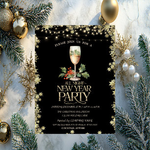 Invitation Champagne Glass Holly Berry Cocktail Stars Holiday