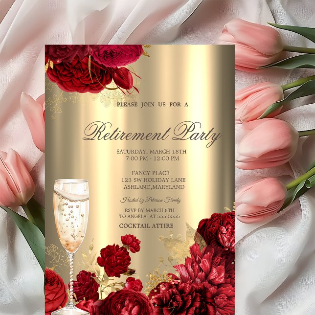 Invitation Champagne Glass Red Roses Gold Retirement Party (Créateur téléchargé)