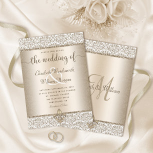 Invitation Champagne Glitter Monogram Fleur De Lis Wedding