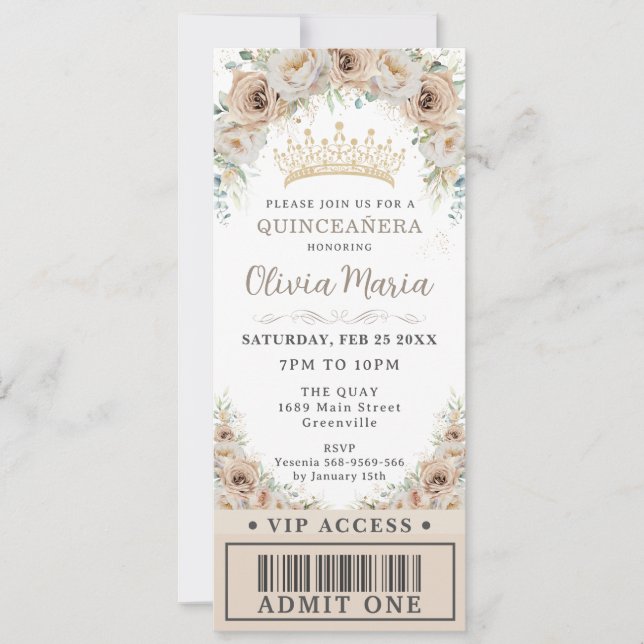 Invitation Champagne Gold Beige Floral Quinceañera VIP Ticket (Devant)