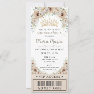 Invitation Champagne Gold Beige Floral Quinceañera VIP Ticket