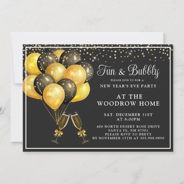 Invitation Champagne Gold Black Balloons Réveillon du Nouvel  (Devant)