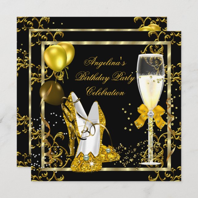 Invitation Champagne Gold Black Parties scintillant talons An (Devant / Derrière)