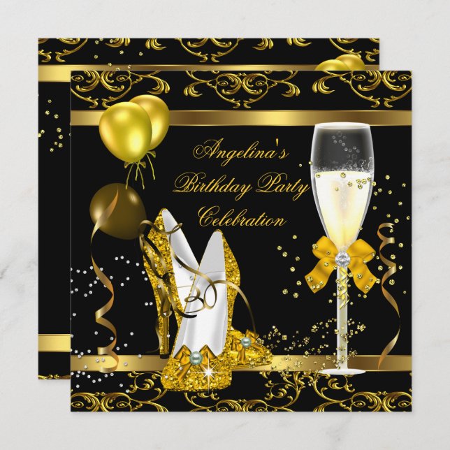 Invitation Champagne Gold Black Parties scintillant talons An (Devant / Derrière)
