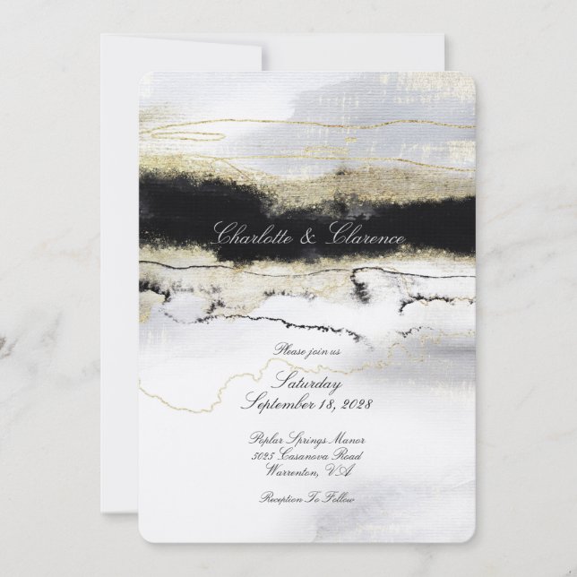Invitation Champagne Gold Black White Aquarelle Mariage (Devant)