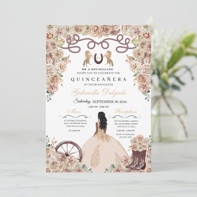 Invitation Champagne Gold Charro Princesse Quinceanera (Debout devant)