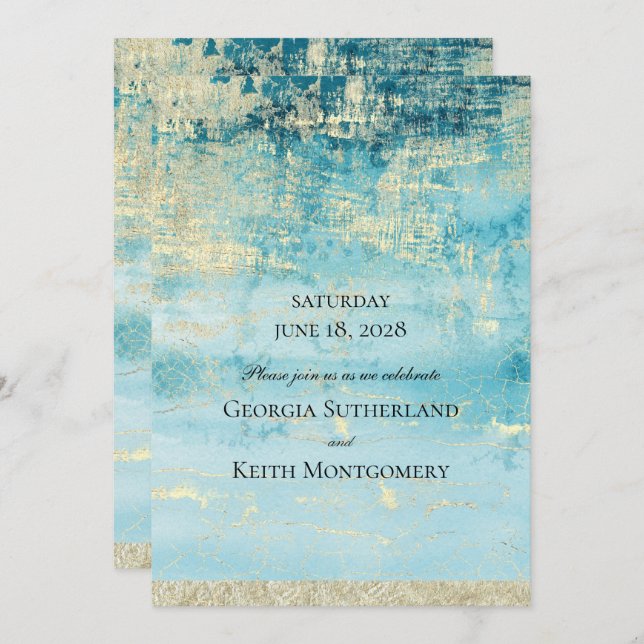 Invitation Champagne Gold Et Turquoise 2 Mariage D'Art Modern (Devant / Derrière)