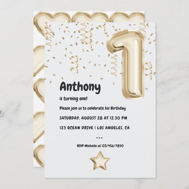 Invitation Champagne Gold Faux Foil Balloon 1er anniversaire (Devant / Derrière)