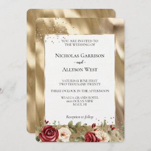 Invitation Champagne Gold Glam Crème Rouge Roses Mariage