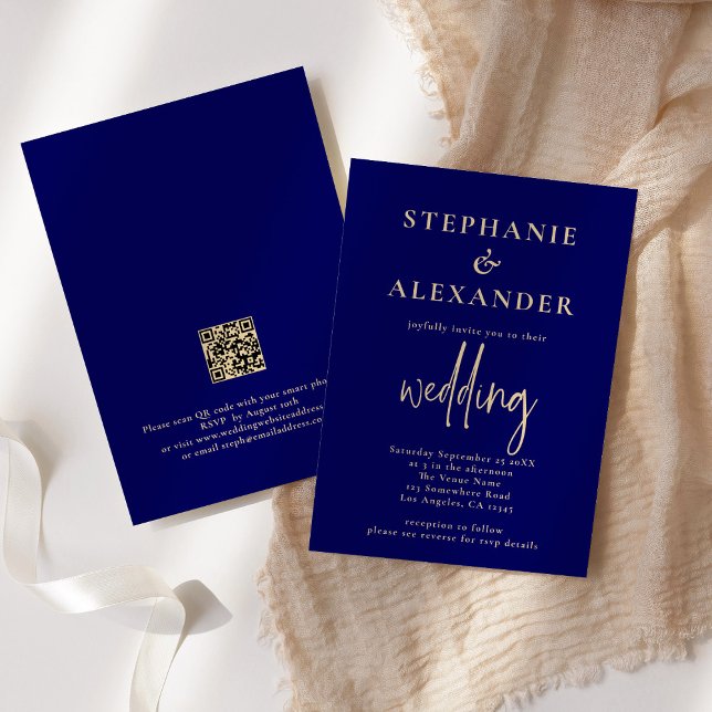 Invitation Champagne Gold Marine Blue QR Code Mariage (Créateur téléchargé)