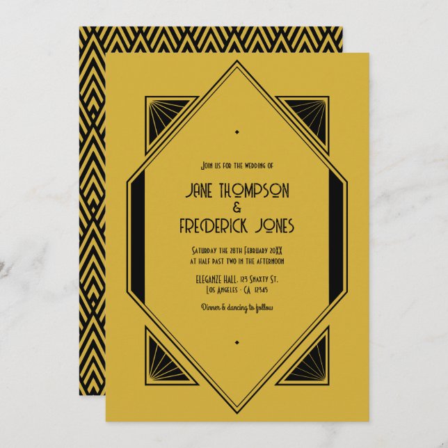 Invitation Champagne Gold & Noir Art Deco Wedding Photo (Devant / Derrière)