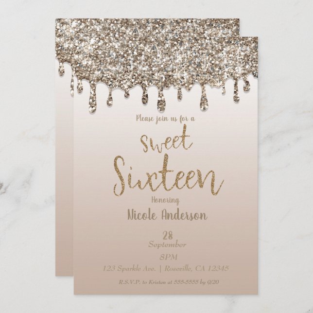 Invitation Champagne Gold Parties scintillant Drip Glam Sweet (Devant / Derrière)