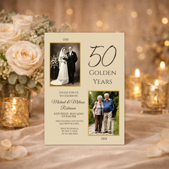 Invitation Champagne Gold Then and Now 50th Anniversary (Then and now 50th anniversary invitation with romantic candlelight celebration theme)
