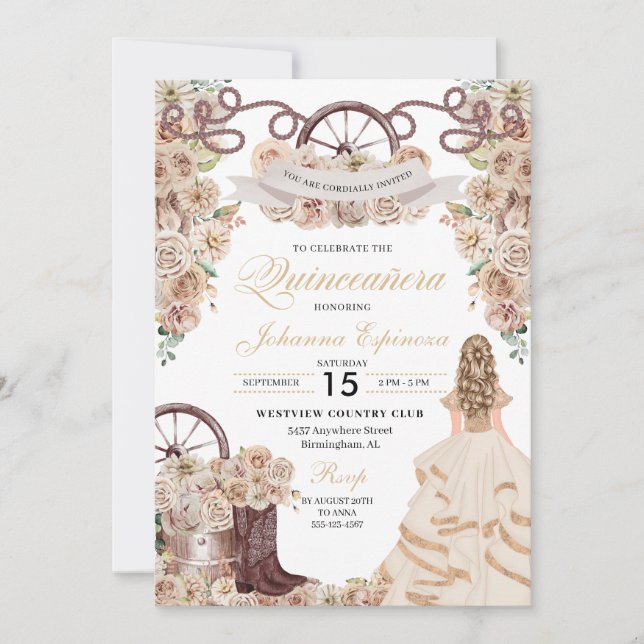 Invitation Champagne Gold Western Charro Quinceanera (Devant)