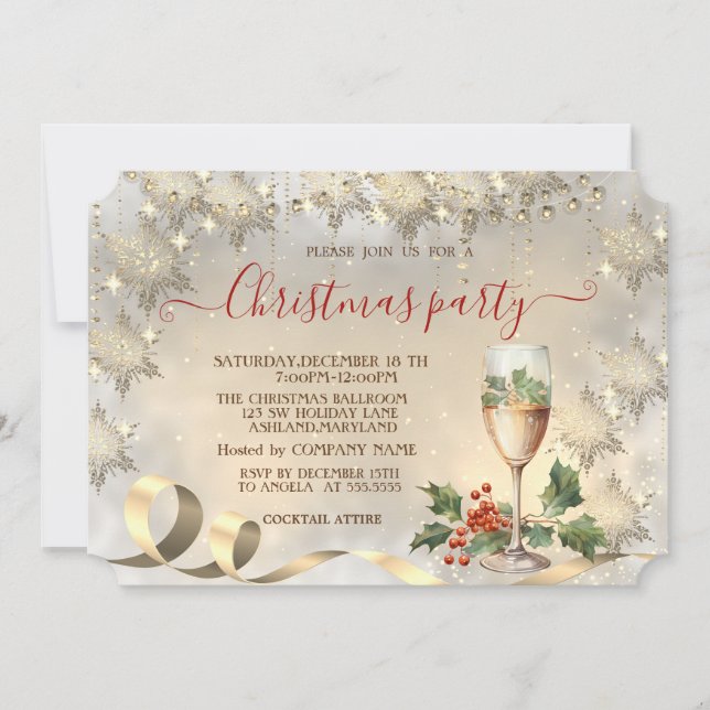Invitation Champagne Holly Berry Gold Snowflakes Company (Devant)