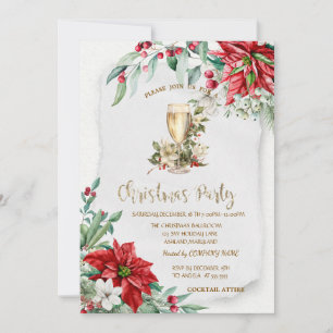 Invitation Champagne Holly Berry Poinsettia Noël