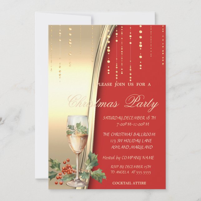 Invitation Champagne Holly Berry, Rouge, Gold Corporate Party (Devant)