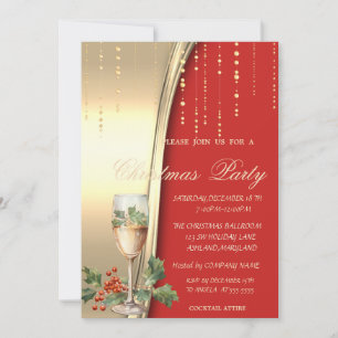 Invitation Champagne Holly Berry, Rouge, Gold Corporate Party