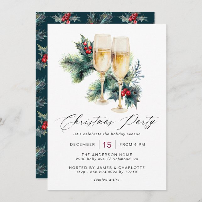 Invitation Champagne Holly | Fun Fancy Adult Christmas Party (Devant / Derrière)