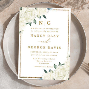 Invitation Champagne ivoire Cadre Floral Monogramme Mariage