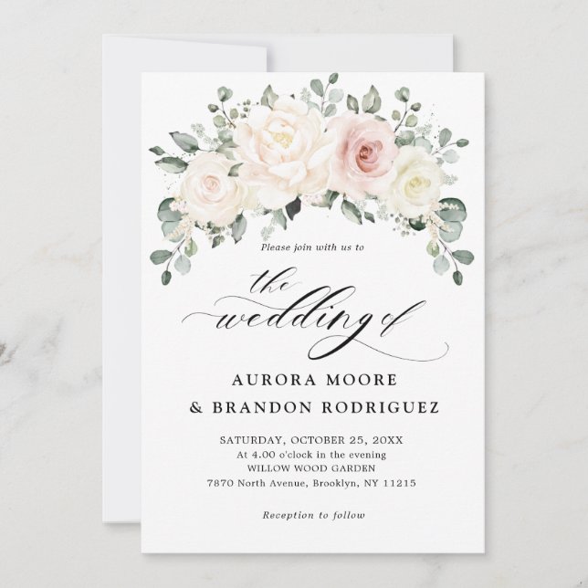 Invitation Champagne Ivory Blush rose Floral Mariage (Devant)