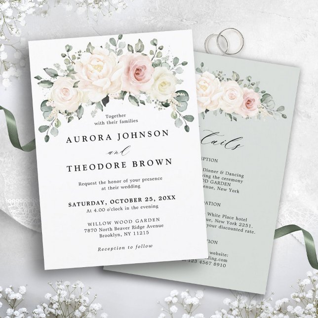 Invitation Champagne Ivory Blush rose Floral Mariage (Ivory White blush floral botanical wedding invitation with details on back)