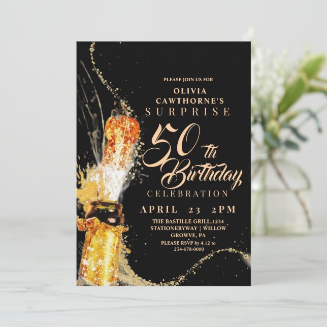 Invitation Champagne moderne noir et or 50e anniversaire (Debout devant)