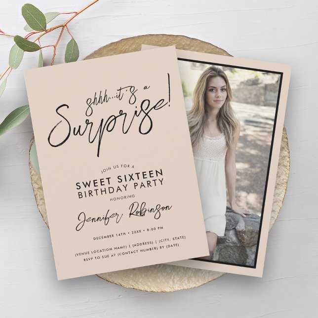 Invitation Champagne moderne Photo Surprise Sweet 16 (Modern Champagne Photo Surprise Sweet 16 Invitation)