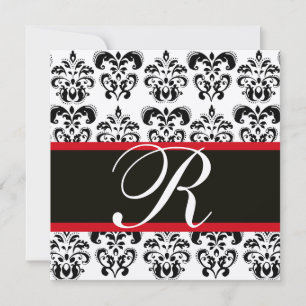 Invitation CHAMPAGNE & NOIR  ROUGE  DAMAS MONOGRAMME , blanc