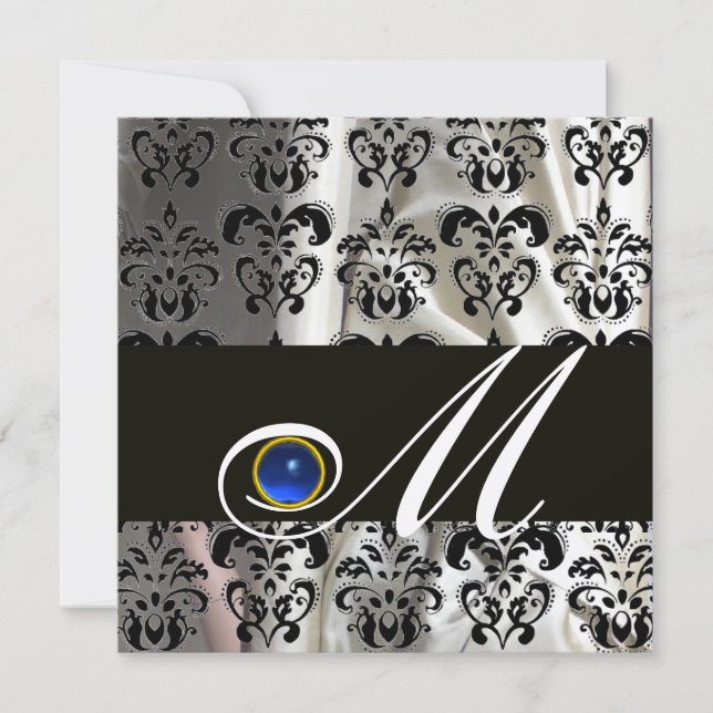 INVITATION CHAMPAGNE NOIR SOIE DAMAS MONOGRAMME SAPPHIRE BLEU (Devant)