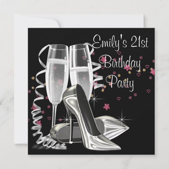 Invitation Champagne noir talons hauts 21ème anniversaire (Devant)