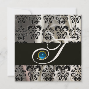 INVITATION CHAMPAGNE NOIRE SOIE DAMASK MONOGRAM SAPHIRE BLEU
