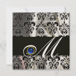 INVITATION CHAMPAGNE NOIRE SOIE DAMASK MONOGRAM SAPHIRE BLEU